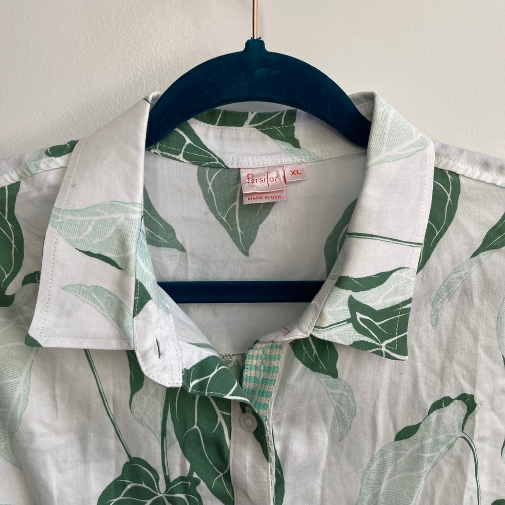 Persifor Leaf Print Shirt‎ Womens XL White Green Coastal Preppy Cotton Blouse - Picture 2 of 7